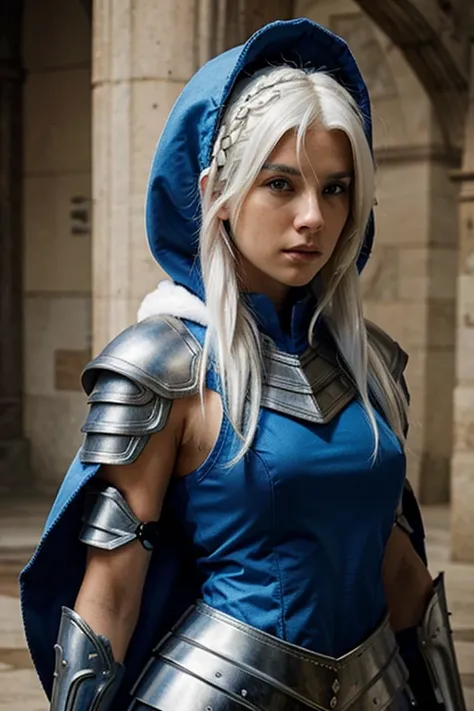 WARRIOR, FEMALE, WHITE HAIR, LONGE HAIR, BLUE ARMOR, BLUE HOOD