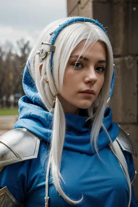 WARRIOR, FEMALE, WHITE HAIR, LONGE HAIR, BLUE ARMOR, BLUE HOOD