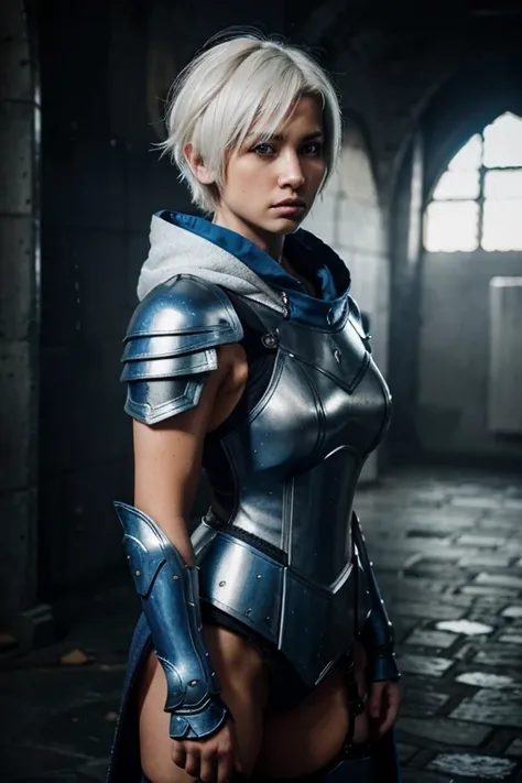 WARRIOR, FEMALE, WHITE HAIR, SHORT HAIR, BLUE ARMOR, BLUE HOOD