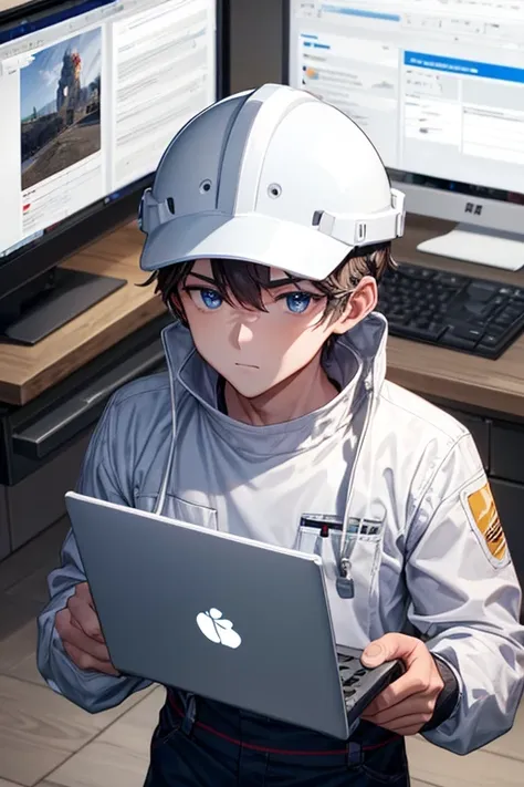 carpenter&#39;s、a handsome guy、wearing a white helmet、long sleeve、drilling a hole in a laptop pc with a power drill、high resolut...