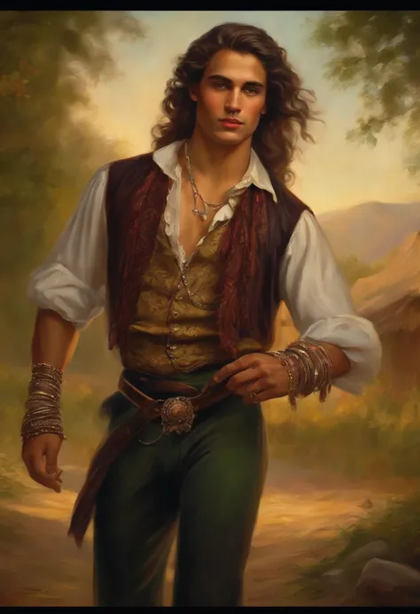 Baroque style painting of a young gypsy dancer, earrings and bracelets, beautiful and strong young man, dressed in a vest, shirt and pants in the style of the Victorian Era, green eyes, long, silky, brown hair falling over his shoulders, ((Dancing close fr...