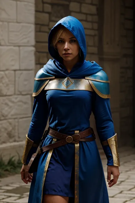 WARRIOR, FEMALE, BLOND HAIR, SHORT HAIR, BLUE ARMOR, BLUE HOOD, BLUE ROBE, MAGE WARRIOR