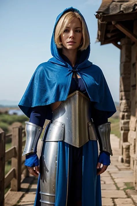 KNIGHT, FEMALE, BLOND HAIR, SHORT HAIR, BLUE ARMOR, BLUE HOOD, BLUE ROBE