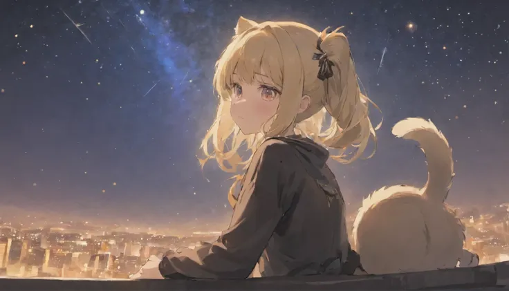 Girl sitting looking at the stars, golden eyes, cat eyes, blonde hair, hair tail, black shirt, red dress, starry background, sad look, sad look, freckles on face