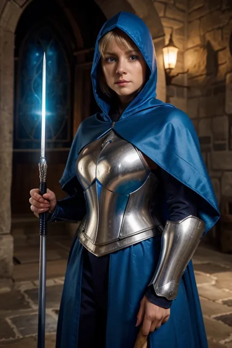 female knight with blond hair in blue armor, wearing a blue hood and a blue robe. She is depicted as a mage.

Tags: female, knight, blond hair, short hair, blue armor, blue hood, blue robe, mage, detailed eyes, detailed lips, long eyelashes, determined exp...