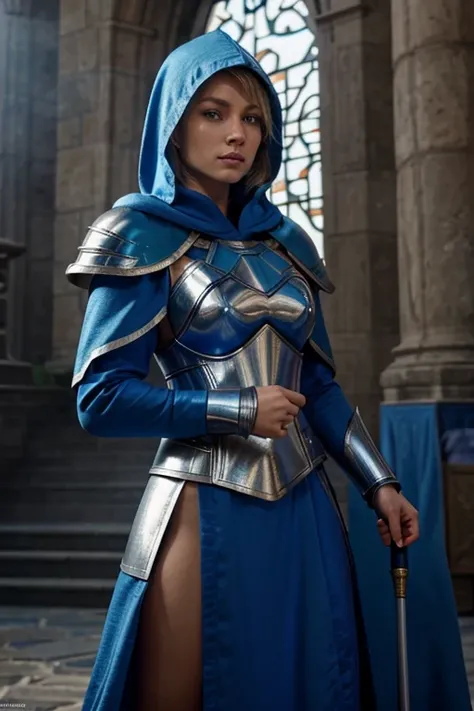 female knight with blond hair in blue armor, wearing a blue hood and a blue robe. She is depicted as a mage. Tags: female, knight, blond hair, short hair, blue armor, blue hood, blue robe, mage, detailed eyes, detailed lips, long eyelashes, determined expr...