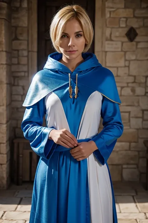 KNIGHT, FEMALE, BLOND HAIR, SHORT HAIR, BLUE ARMOR, BLUE HOOD, BLUE ROBE, WHITE ROBE, MAGE
