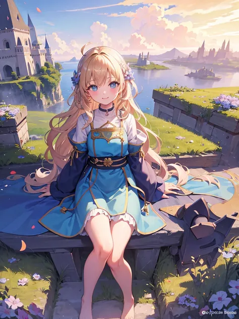 (masterpiece)++,(sweet illustration)+,detailed gradient eyes,outdoors, ((castle in the sky)), scenery, (((above the sky))), above the clouds, sunlight, 1girl, sitting, Light Blue tabard, from back, looking at viewer, medium bob, blonde hair, shiny wavy hai...