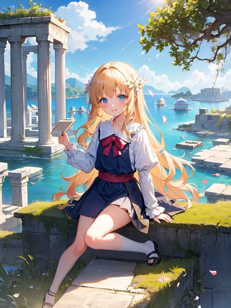 (masterpiece)++,(sweet illustration)+,detailed gradient eyes,outdoors, ((castle in the sky)), scenery, (((above the sky))), above the clouds, sunlight, 1girl, sitting, Light Blue tabard, from back, looking at viewer, medium bob, blonde hair, shiny wavy hai...