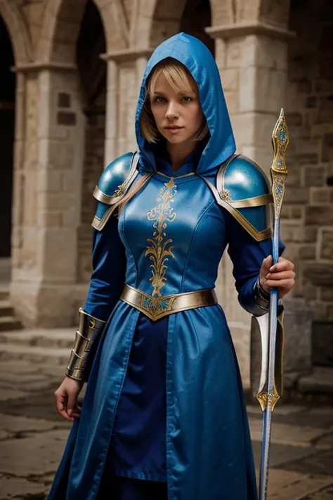 female knight with blond hair in blue armor, wearing a blue hood and a blue robe. She is depicted as a mage. Tags: female, knight, blond hair, short hair, blue armor, blue hood, blue robe, mage, detailed eyes, detailed lips, long eyelashes, determined expr...