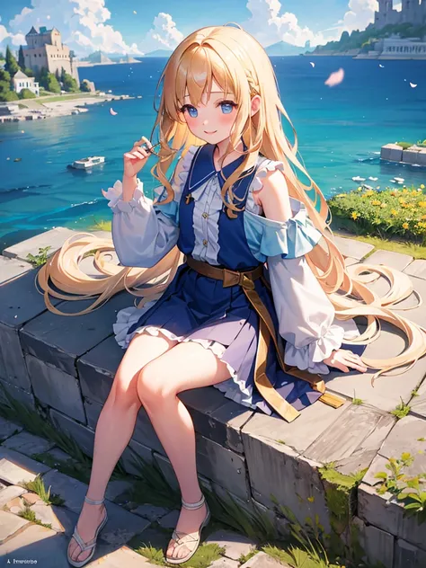 (masterpiece)++,(sweet illustration)+,detailed gradient eyes,outdoors, ((castle in the sky)), scenery, (((above the sky))), above the clouds, sunlight, 1girl, sitting, Light Blue tabard, from back, looking at viewer, medium bob, blonde hair, shiny wavy hai...