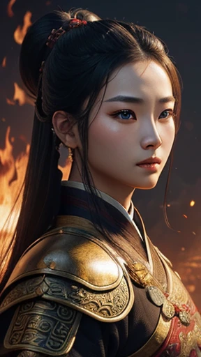 oriental、Wearing ancient Chinese leather armor、Ancient Chinese Hairstyles、three kingdom、multiple warlords、highest quality、masterpiece、ultra high resolution、(Photoreal:1.4)、game poster、fire、