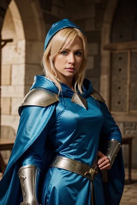 female knight with blond hair in blue armor, wearing a blue hood and a blue robe. She is depicted as a mage. Tags: female, knight, blond hair, short hair, blue armor, blue hood, blue robe, mage, detailed eyes, detailed lips, long eyelashes, determined expr...