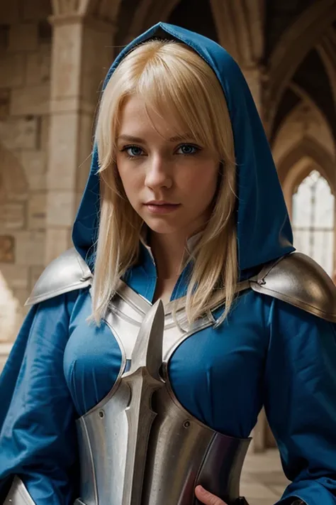 female knight with blond hair in blue armor, wearing a blue hood and a blue robe. She is depicted as a mage. Tags: female, knight, blond hair, short hair, blue armor, blue hood, blue robe, mage, detailed eyes, detailed lips, long eyelashes, determined expr...