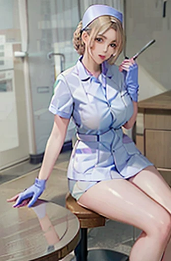 nurse uniform,hospital, latex nurse suit,nurses,busty,elbow gloves,labcoat,blondehair woman,blue eyes , gigantic boobs ,medical ...