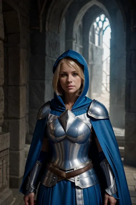 female knight with blond hair in blue armor, wearing a blue hood and a blue robe. She is depicted as a mage. Tags: female, knight, blond hair, short hair, blue armor, blue hood, blue robe, mage, detailed eyes, detailed lips, long eyelashes, determined expr...