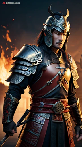 oriental、Man wearing ancient Chinese leather armor、ancient chinese hairstyle man、three kingdom、multiple warlords、highest quality、masterpiece、ultra high resolution、(Photoreal:1.4)、game poster、fire、wore a leather helmet