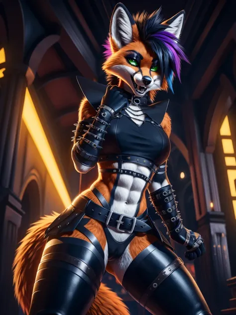 (best quality,4k,8k, highres, masterpiece:1.2), (furry; anthro fox), well-toned abs, ultra-detailed, dynamic lewd pose, ((horny)), ((sexy)), goth makeup, edgy punk hairstyle, detailed eyes and face, long eyelashes, gothic punk style, knight armor, vibrant ...