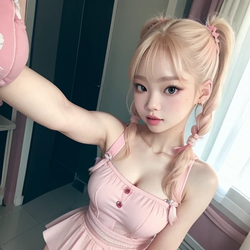  Jennie of blackpink features, cute coquette pink oufit, blonde hair, high quality, gentle features, pigtails, plushies all around, taking a selfie. Best quality