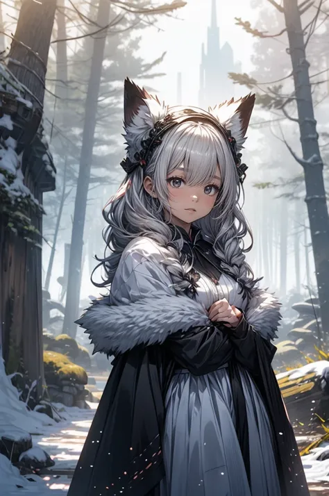 digital art work, masterpiece、 (1 female、charming snow fox:1.3)、fox ears BREAK　Fantastic pure white winter costume、 REST　frozen birch forest、standing in the middle、mysterious atmosphere、her powerful spell、Channeling your innate magic BREAK　Crystal of snow、...