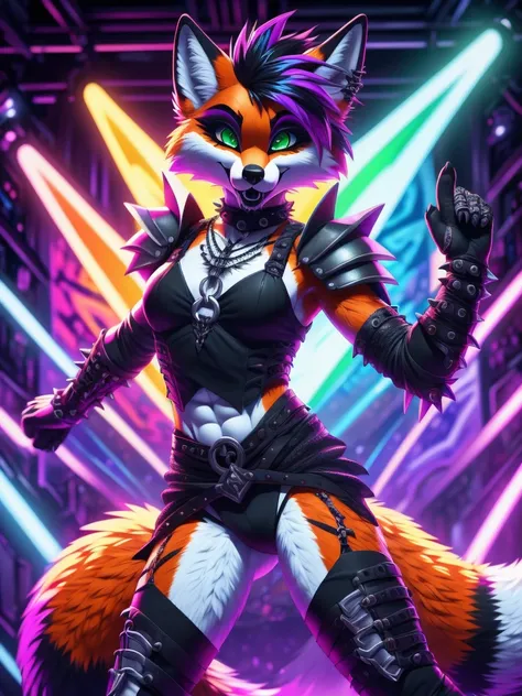 (best quality,4k,8k, highres, masterpiece:1.2), (furry; anthro fox), well-toned abs, ultra-detailed, dynamic lewd pose, ((horny)), ((sexy)), goth makeup, edgy punk hairstyle, detailed eyes and face, long eyelashes, gothic punk style, knight armor, vibrant ...