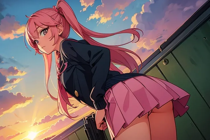 A masterpiece, highly detailed pattern, 2D anime, Japanese style. Bottom view.  .Teenage girl with long pink hair, cute, back turned, looking back, school uniform, very short skirt, holding a gun, emphasizing the hips, standing on the morning sunlight sky.