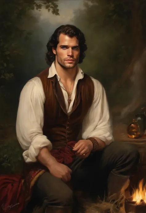 ((Baroque style painting of a young gypsy with a clean beard((henry cavill)),)) earrings and bracelets, handsome and strong young man, dressed in a vest, shirt and pants in the style of the Victorian Era, blue eyes, long hair , silky, black falling on the ...