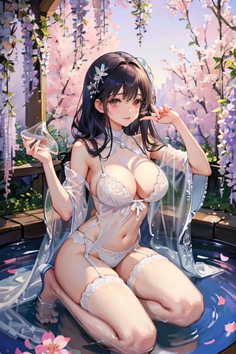 Flowers bloom by the water、weeping cherry blossoms、wisteria flowers、water reflection!!!!!、sheer lingerieを着てポーズをとるアラフィフの女性写真、See-through lingerie beauty、Wearing sexy see-through lingerie、garter belt、complex, captivating and captivating、sheer lingerie!!、Woma...