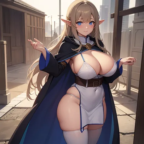 1 elf woman,((with long brown hair)),((with blue eyes)),((very huge breasts, a very white elf cloak, revealing cloak and very short and squeezing the breasts, breasts sticking outwards, without panties)),((with a kind and cute look, with a slight gentle sm...