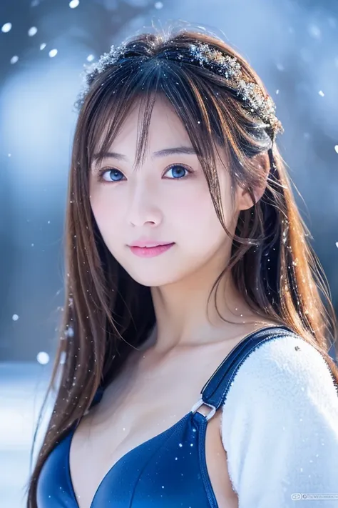 Beautiful girl in a swimsuit, Japanese actress, swimsuit full body, overall image, detailed face, detailed beautiful eyes, illumination, winter, snowy scene, falling snow, elegant atmosphere, masterpiece, high image quality, highest quality, high definitio...