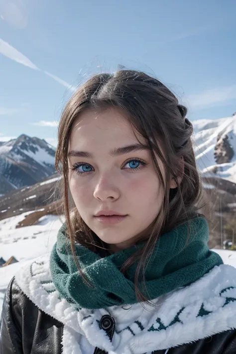 nordik woman 17 years old, cutie face, with Heterochromia left eye green and right eye blue, in snowed mountain