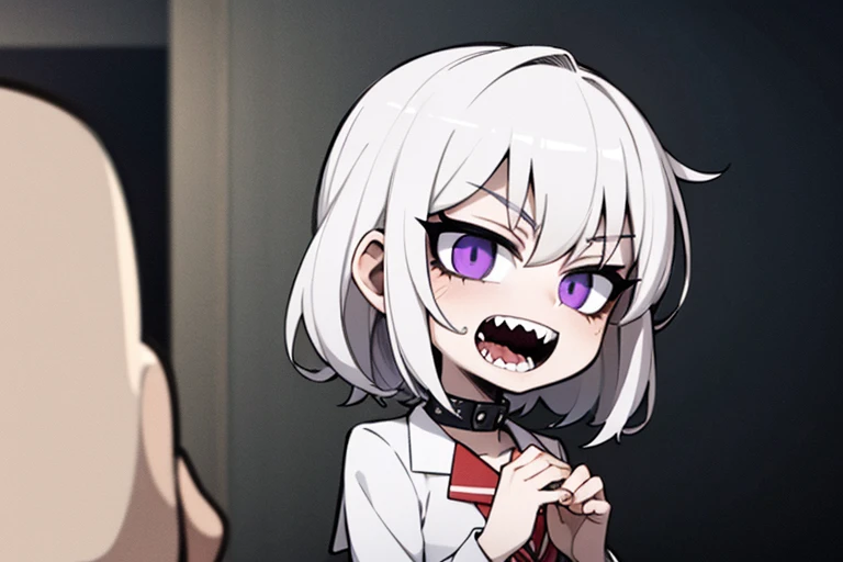 Anime image of a girl with spiky purple hair, pale white skin, she wears a school uniform, her mouth is full of very sharp teeth and she laughs sadistically, her hands are bandaged and she has an electric collar on her neck. 