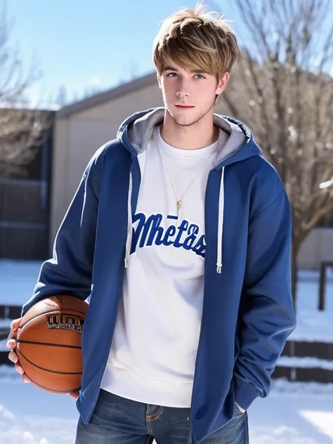 basketball，university student，tall，Half Japan and half British，shortcut(hairstyle，two block)，muscular，19 years old，beard，blonde，gentle expression，meek，Good guy，basketball部，Fashionable hoodies，jeans，blue eyes，double eyelid，Honor Students，snow，Winter clothes...