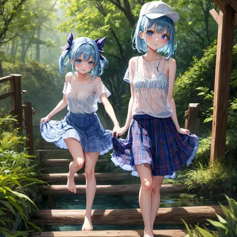 blue hair、blue eyes raid、one bewitching girl、solo、and soul、plaid mini skirt、Wet and see-through white T-shirt、Wet and see-through camisole、forest、sunlight、Wearing a plaid baseball cap、barefoot、tilt one&#39;s face、walk、Cross the log bridge while keeping you...