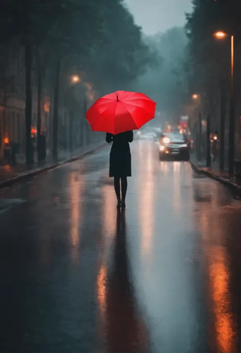 Horizontal image, Woman holding a red umbrella  , Standing in the middle of the road , In a prosperous city