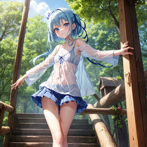 blue hair、blue eyes raid、one good looking girl、solo、and soul、plaid mini skirt、I dont wear underwear、Wet and see-through white T-shirt、Wet and see-through camisole、forest、sunlight、barefoot、tilt one&#39;s face、walk、Cross the log bridge while keeping your bal...