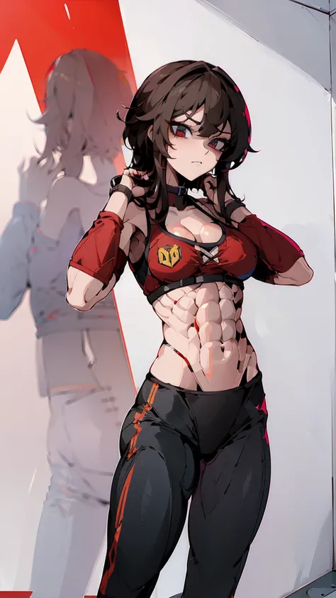 Megumin,adult, six pack abs, muscular arms, red sports bra, black sports leggings, hair short, gym,  big breasts, huhe breast, Bodybuilder Girl, perfect abs, six pack abs, perfect body, standing, in gym