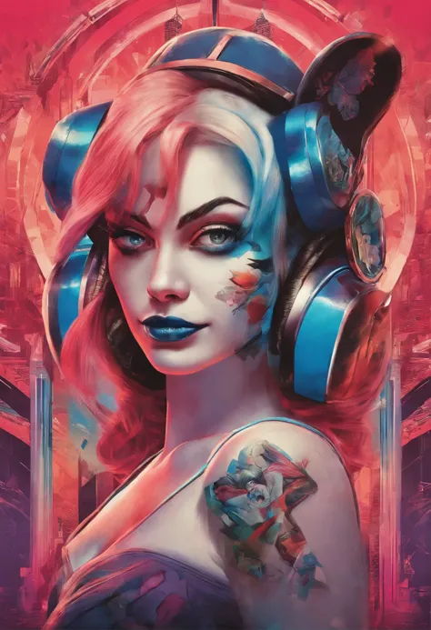 close-up of a woman with a rabbit on her head, of Harley Quinn, portrait of Harley Quinn, Colorful cinematography, Scary color graphics in 4 K, Artgerm Julie Bell Beeple, art of alessandro pautasso, Harley Quinn, by Galen Dara, Martin then, Martin then art...