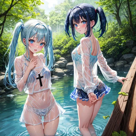 Blue-haired twin tails、blue eyes raid、one cute girl、Wet, see-through white miniskirt、Wet and see-through white T-shirt、Wet and see-through camisole、No underwear、forest、sunlight、、barefoot、tilt one&#39;s face、walk、Cross the log bridge while keeping your bala...