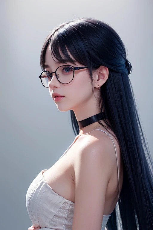 8k wallpaper, masterpiece, movie lighting, highest quality, figure, elevation angle, ((color: 1.1)), ((color inner hair: 1.4)), 1 girl, alone, long hair, water, blue eyes, black glasses, choker, parted lips, white choker, liquid hair, black hair, bangs, fr...