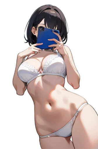 Anime girl takes selfie with smartphone, holding smartphone in front of covering face, sexy bra, pantie, navel, (((white background))), huge breasts, nude,
 thong, from below,