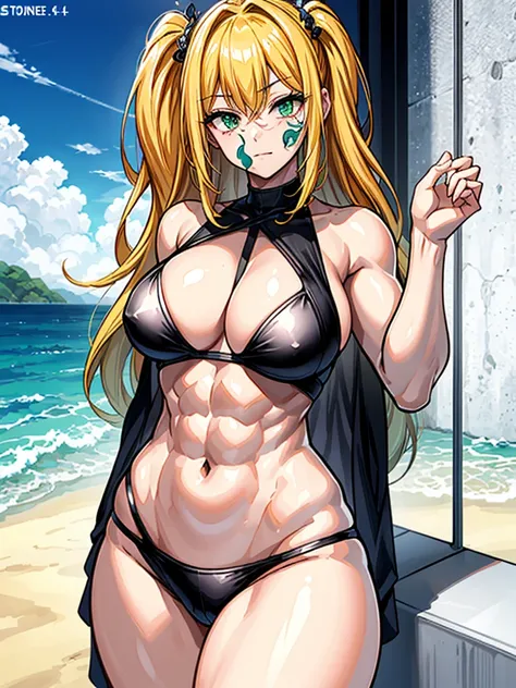 （（（masterpiece、Highest image quality、highest quality、highly detailed unity 8ｋwallpaper）））、（（Illustration of one girl））、（（（beautiful girl）））、（（blonde、two side up、sidelocks：1.6、green eyes））、（（（tall：1.4、stocky build：1.6, thickset physique：1.7, muscular legs, ...