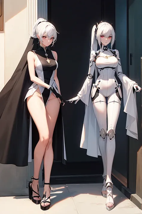 Female robot with white hair, black stockings, full body, single ponytail, high-heeled sandals, mechanical body, travels to the world of cultivating immortals and becomes the style of the Kingdom of Gods 