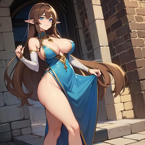 1 elf woman,((with long brown hair)),((with blue eyes)),((very huge breasts)),((a very small dress with a very low neckline revealing her thighs, with a cut on the chest)) ,((with a kind and cute look, with a slight gentle smile)),((standing facing the vie...