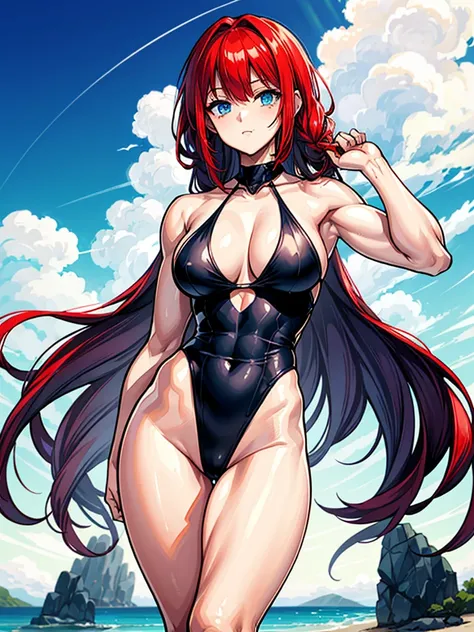 （（（masterpiece、Highest image quality、highest quality、highly detailed unity 8ｋwallpaper）））、（（Illustration of one girl））、（（（beautiful girl）））、（（red hair、Braid、sidelocks：1.4、blue eyes））、（（（stocky build：1.5, thickset physique：1.6, muscular legs, broad shoulder...