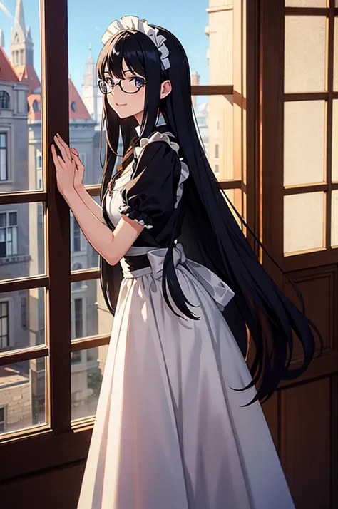 1girl,light smile,very long hair,straight hair,black hair, dark eyes,room,Medieval European House,By the window,Victorian maid costume,sunlight shines through the window,from side,cowboy shot,looking at viewer,calm atmosphere,tall female,glasses,standing,