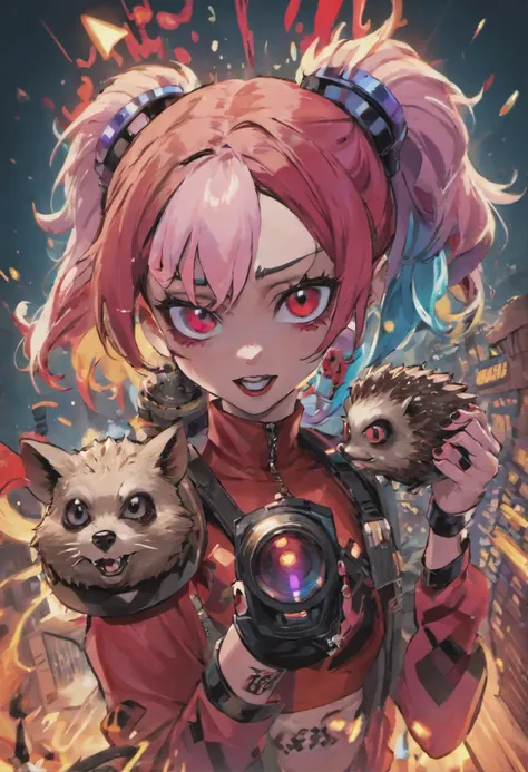 close-up of a woman with a hedgehog on her head, Harley Quinn, портрет Harley Quinn, Colorful camera work, Scary 4K color graphics, artist Julie Bell Beeple, Artist Alessandro Pautasso, Harley Quinn, author Galen Dara, Martin Ten, artistic portrait of Mart...