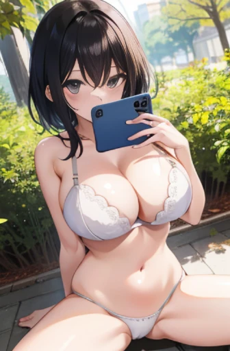 outdoor, Anime girl takes selfie with smartphone, sexy bra, pantie, navel, huge breasts, nude,
 thong, from above, spread legs, m legs,