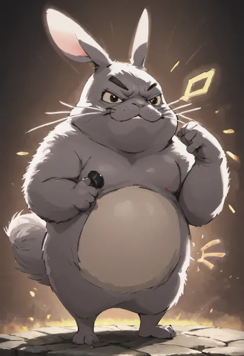 here is a small animal, standing on a stone, happy big chungus, big chungus, big chungus meme, chinchilla animal, smear, with pointed ears, Fat beetles cat, big chungus boss, It looks very stupid, Half a rabbit, Real life Totoro