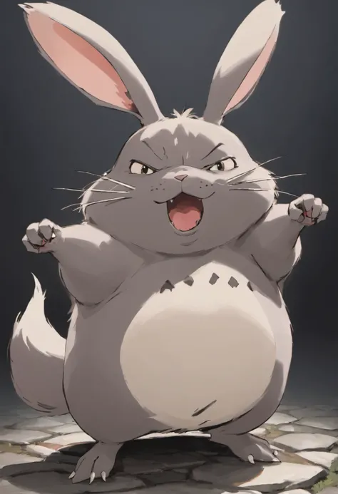 here is a small animal, standing on a stone, happy big chungus, big chungus, big chungus meme, chinchilla animal, smear, with pointed ears, Thick fox beetles , big chungus boss, It looks very stupid, Half a rabbit, Real life Totoro